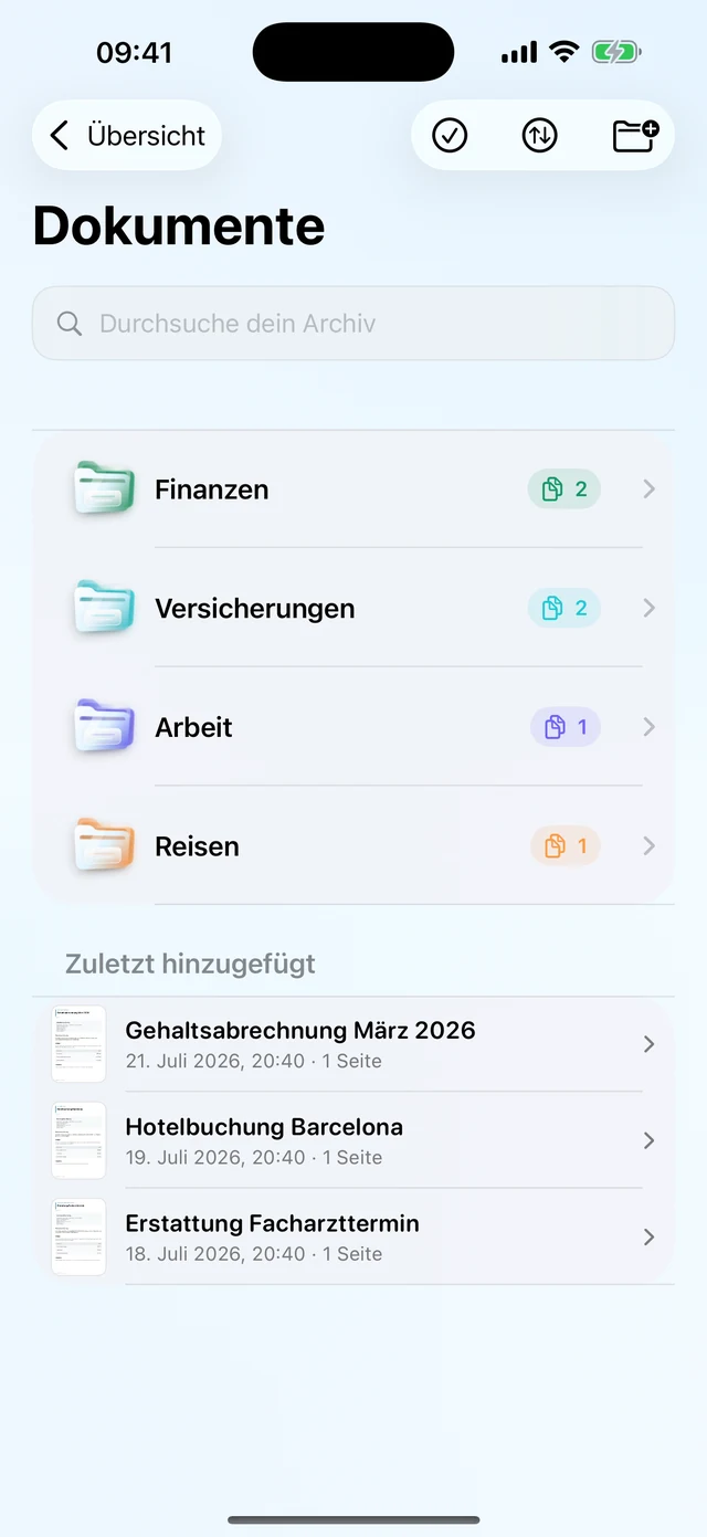 Dokumentenansicht mit Ordnern und zuletzt hinzugefügten Unterlagen