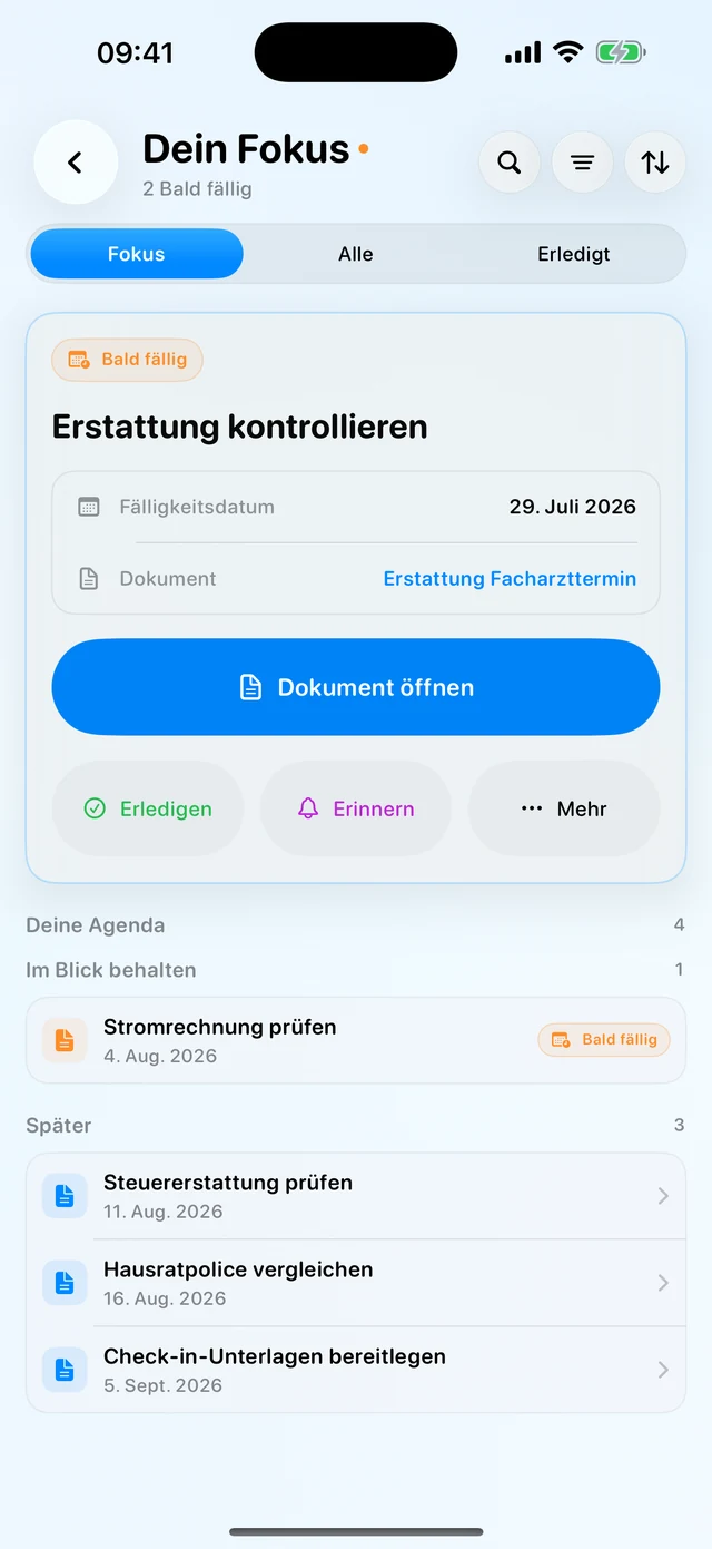 Aufgabenansicht mit einer dokumentbezogenen Frist